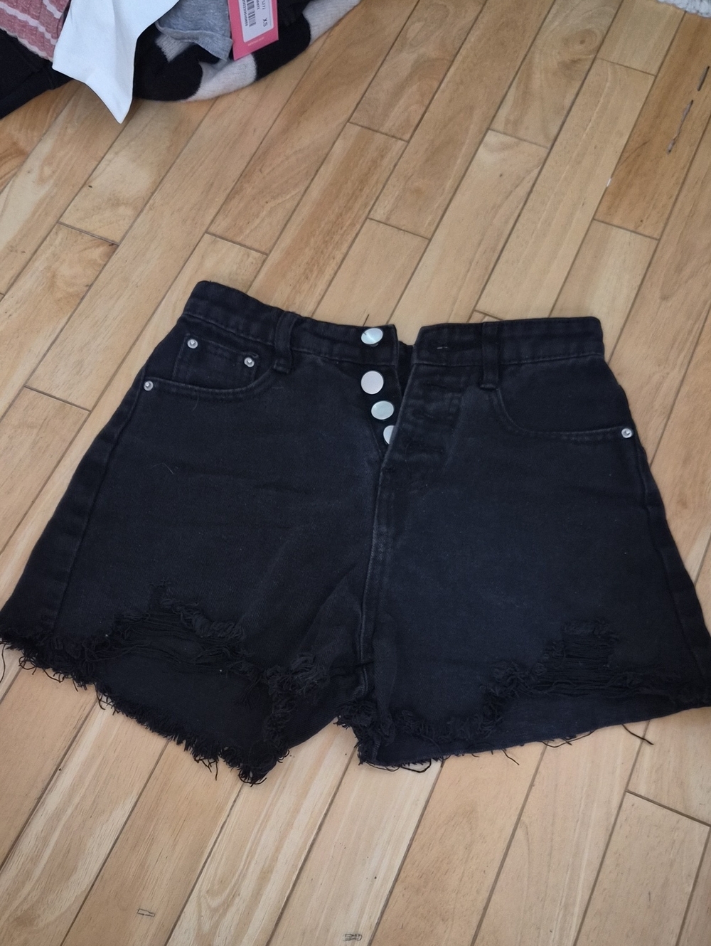 Women's Black High-Waist Distressed Button-Front Denim Shorts